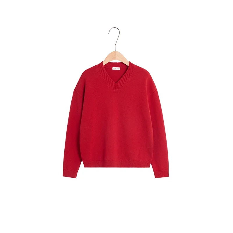 alright then Merino Wool Red V-Neck Pullover Sweater