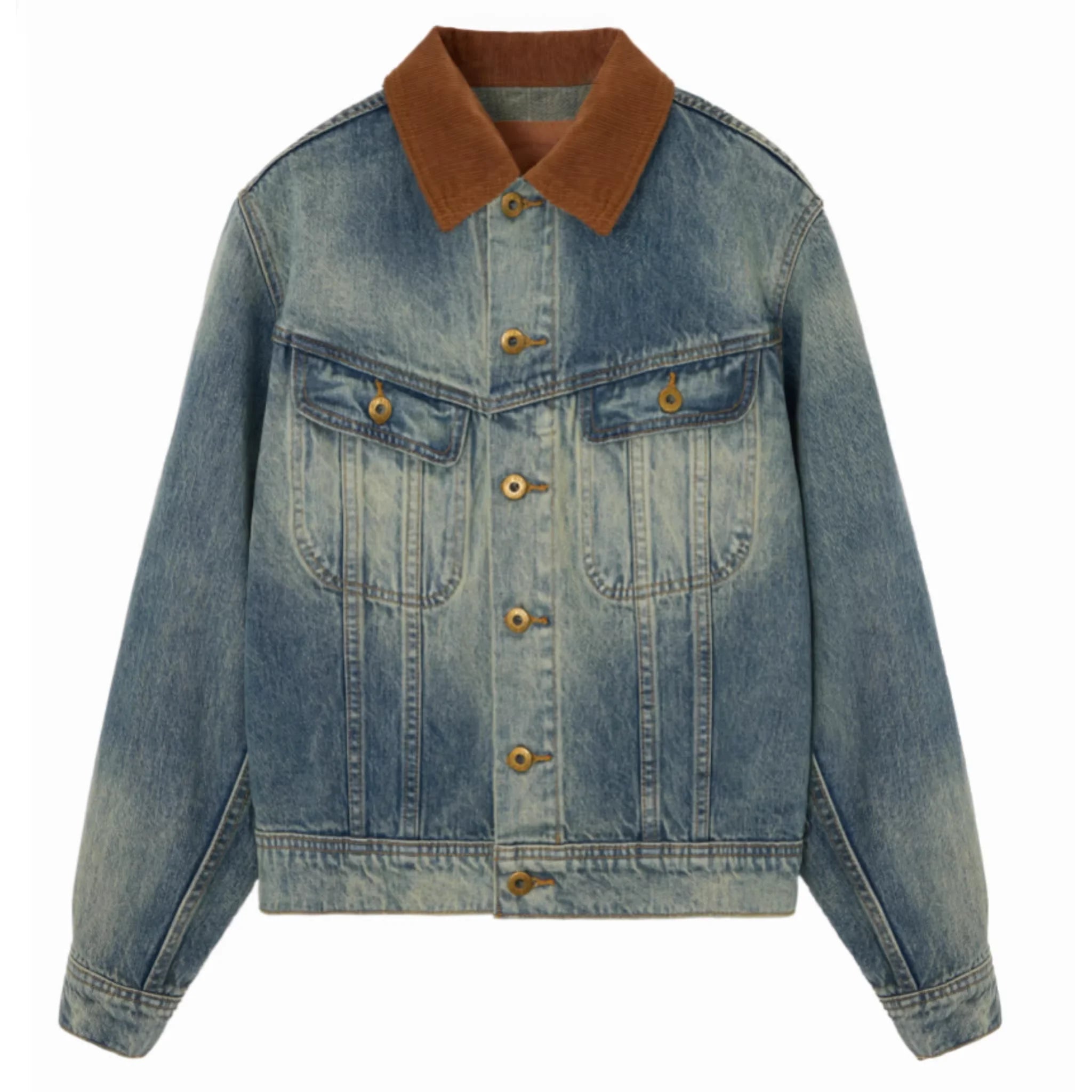 alright then Vintage Washed Denim Jacket with Corduroy Collar