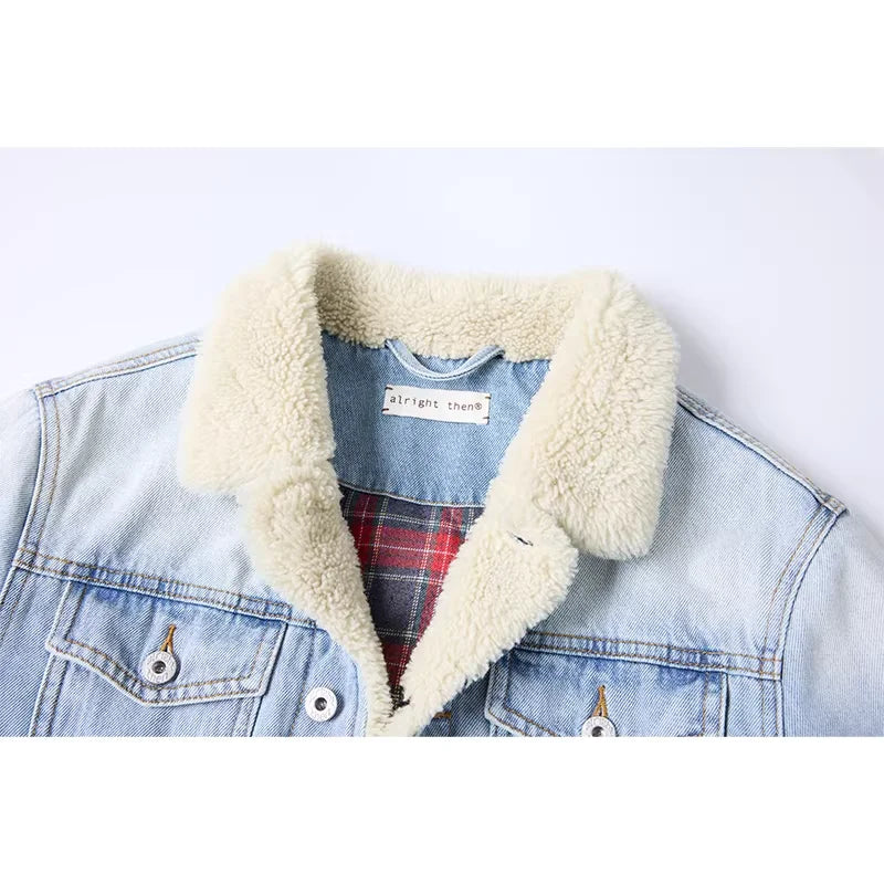 alright then Vintage Washed Denim Jacket with Shearling Lining