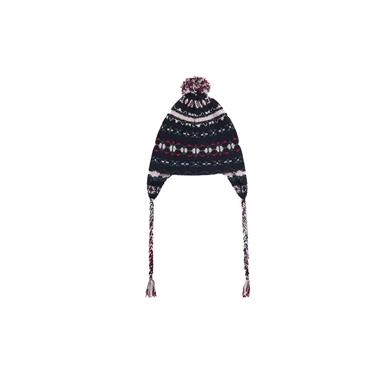 alright then Vintage Floral Jacquard Knit Beanie with Pom-Pom and Ear Flaps