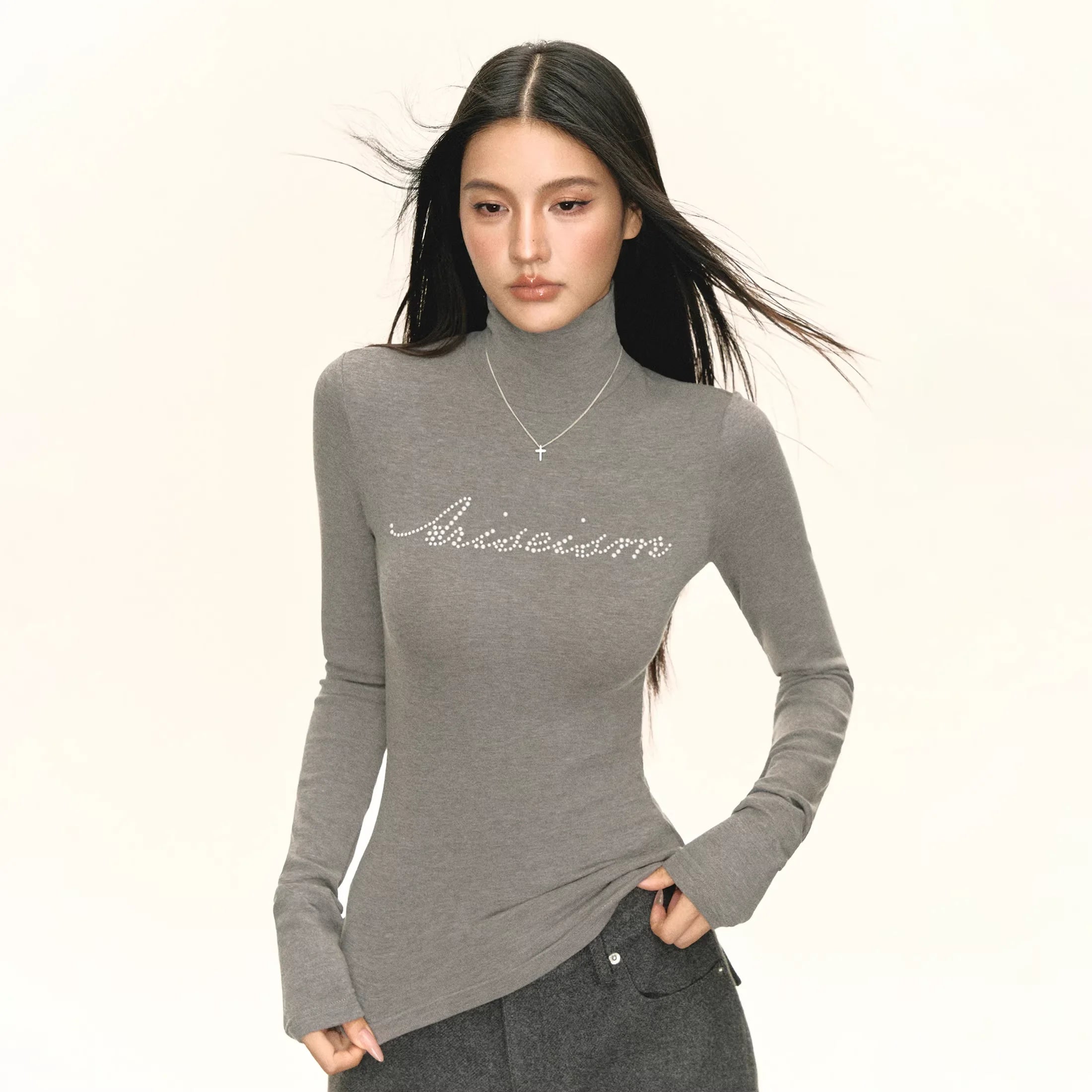 ARISEISM Women's Slim Fit Rhinestone Mock Neck Long Sleeve Top