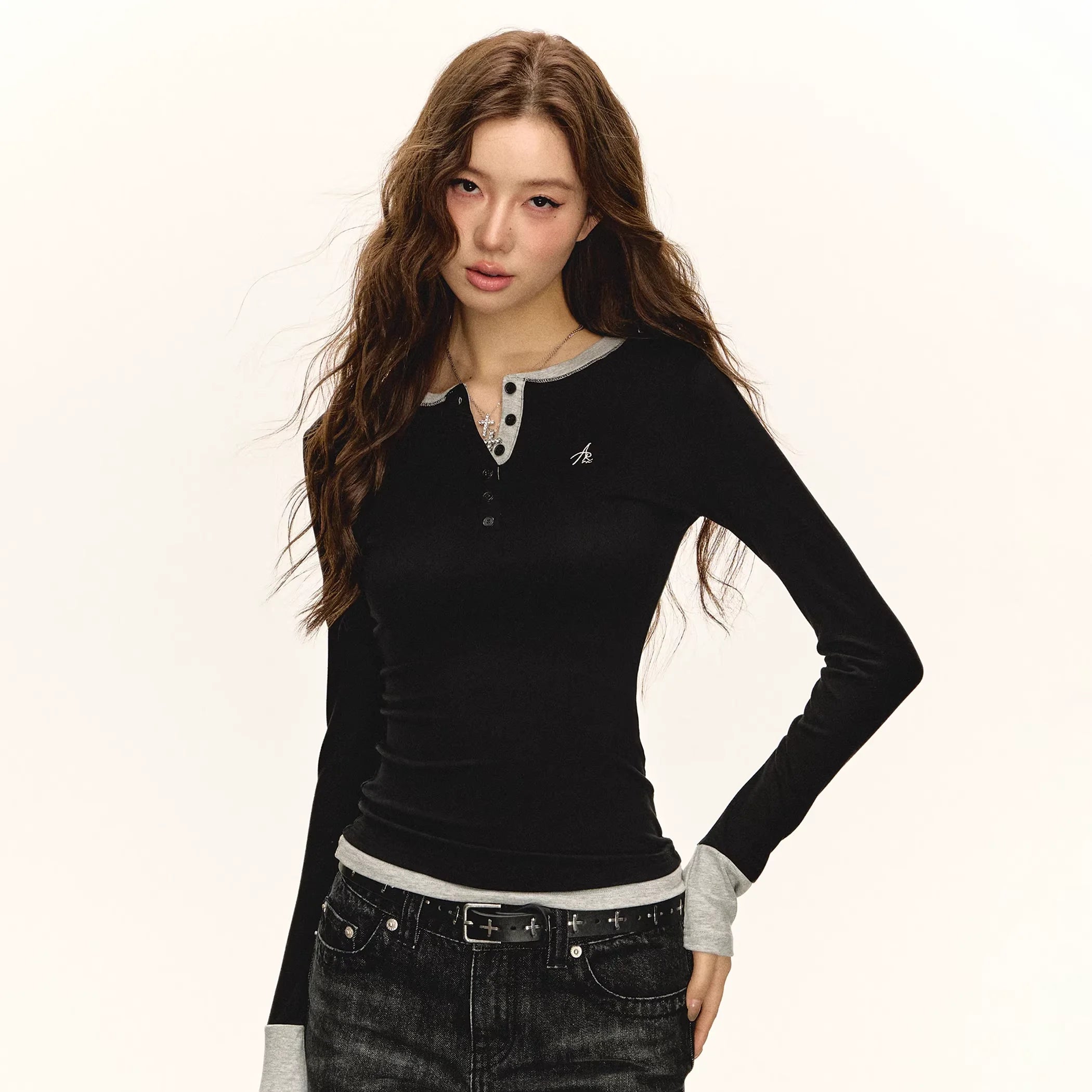 ARISEISM Women's Slim Fit Henley Long Sleeve T-Shirt - Fake Two-Piece Design