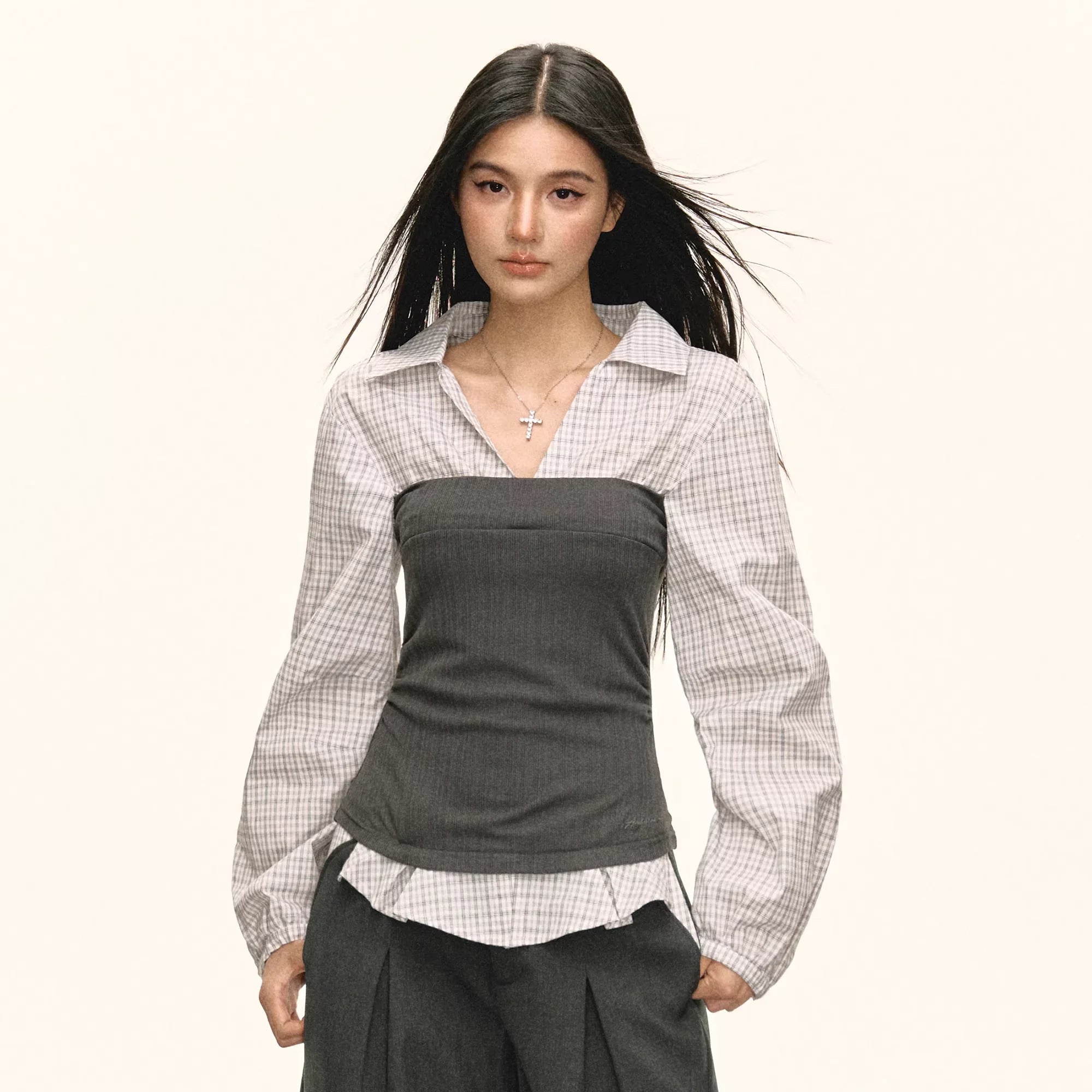 ARISEISM Women's Vintage-Inspired Layered Long Sleeve Top and Wide-Leg Pants Set