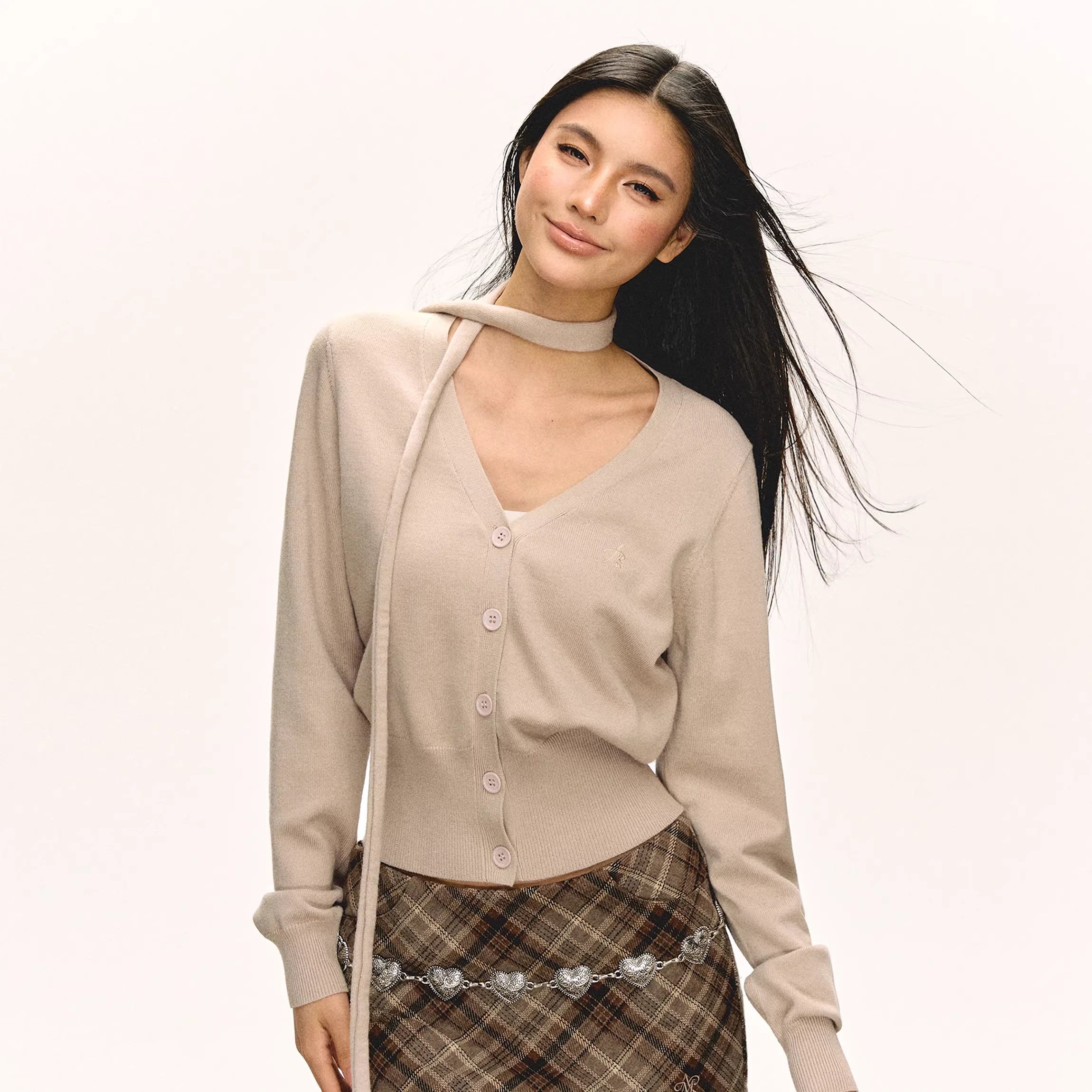 ARISEISM Women's V-Neck Slim Fit Knit Cardigan with Neck Tie - Autumn Long Sleeve Top