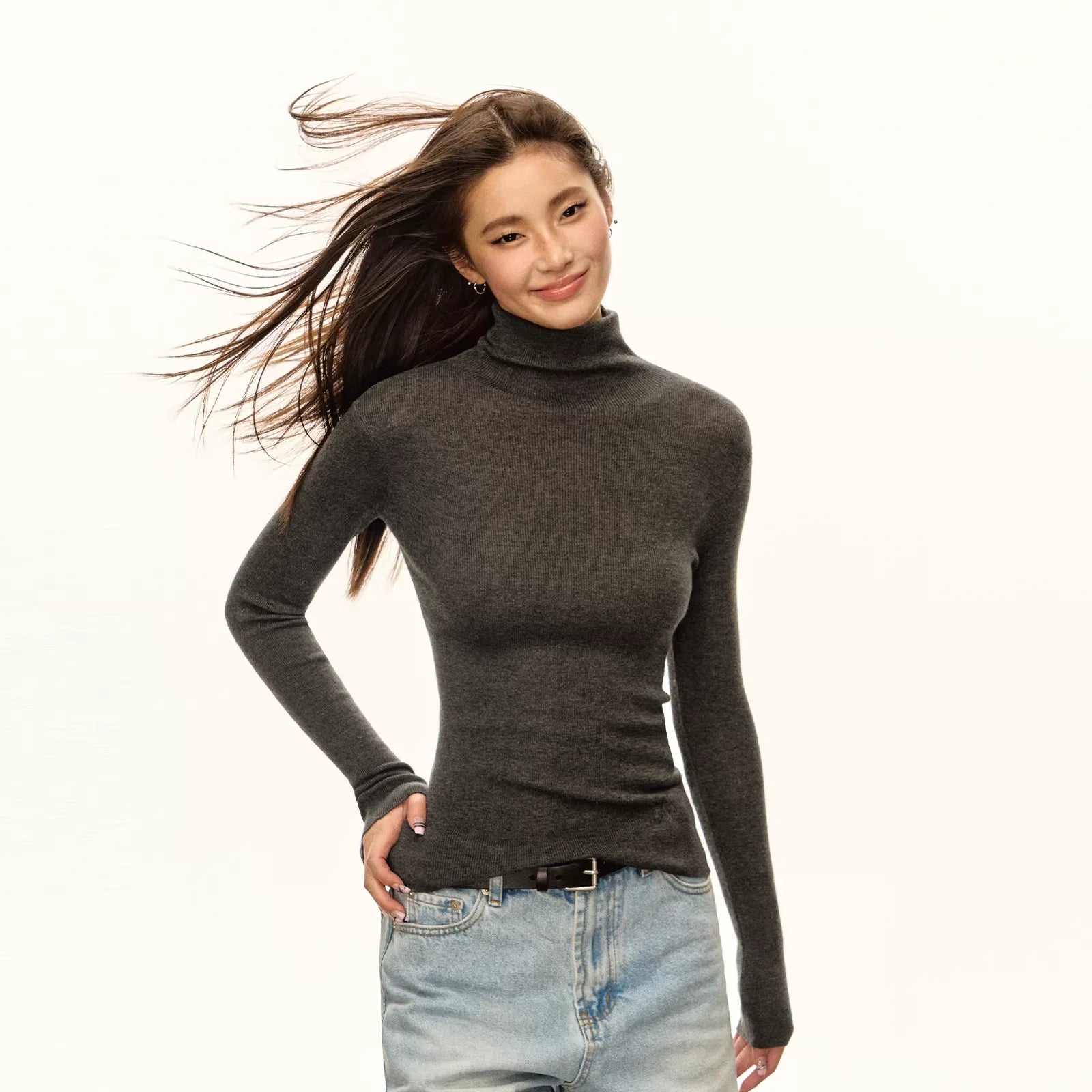 ARISEISM Women's Ribbed Half Turtleneck Wool Knit Top - Long Sleeve Layering Sweater