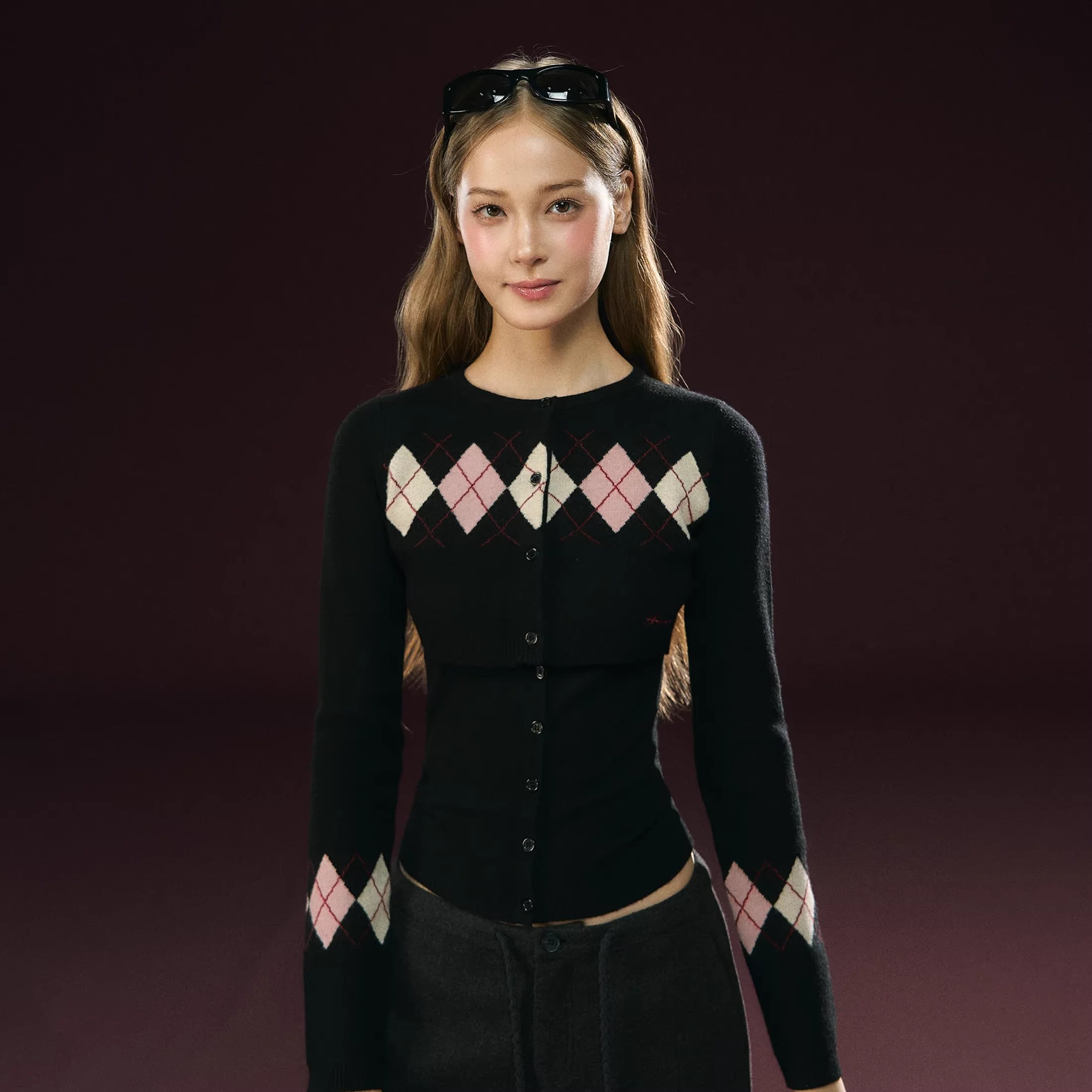 ARISEISM Retro Knit Two-Piece Set for Women - Argyle Cardigan and Tank Top