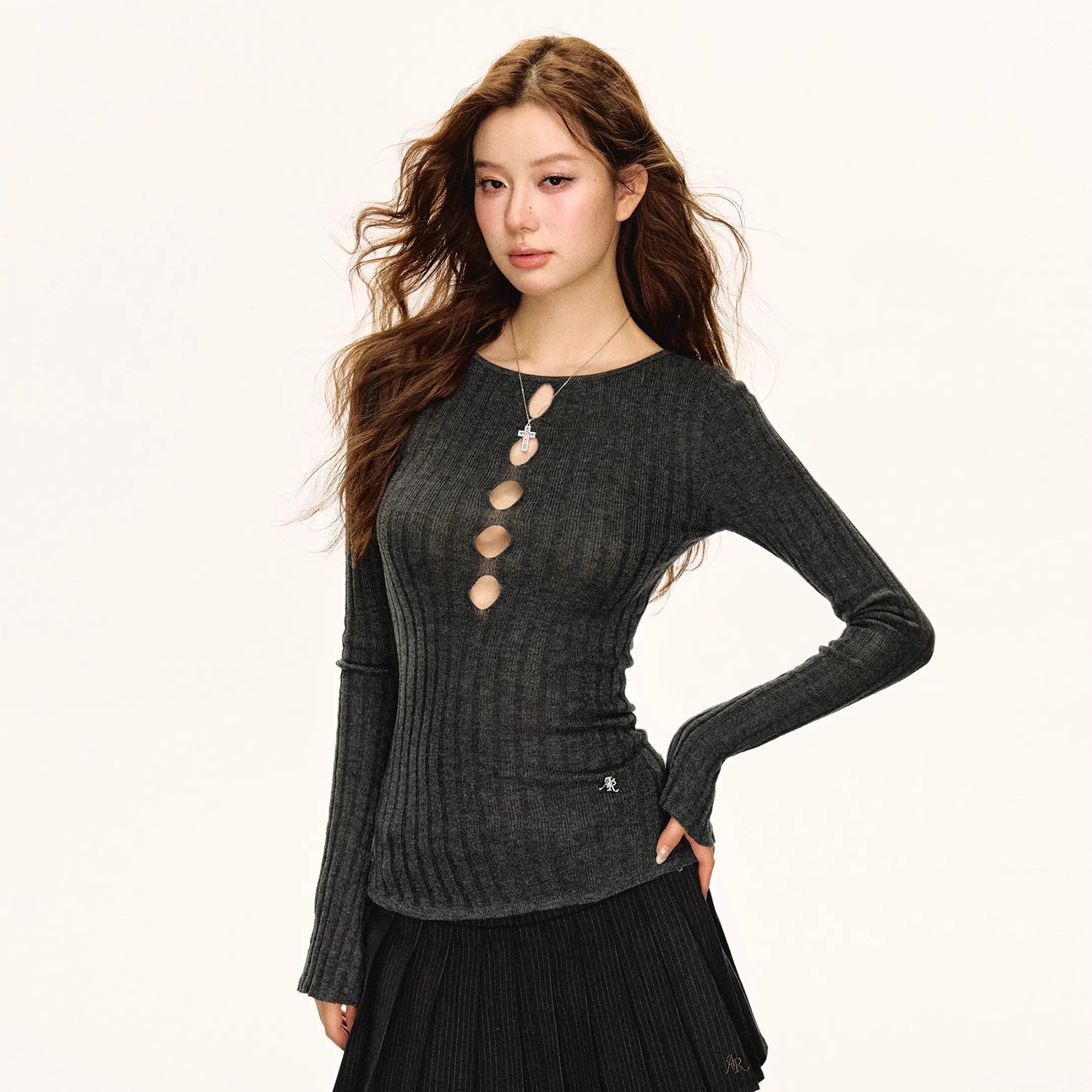 ARISEISM Women's Slim Fit Hollow Ribbed Knit Long Sleeve Top