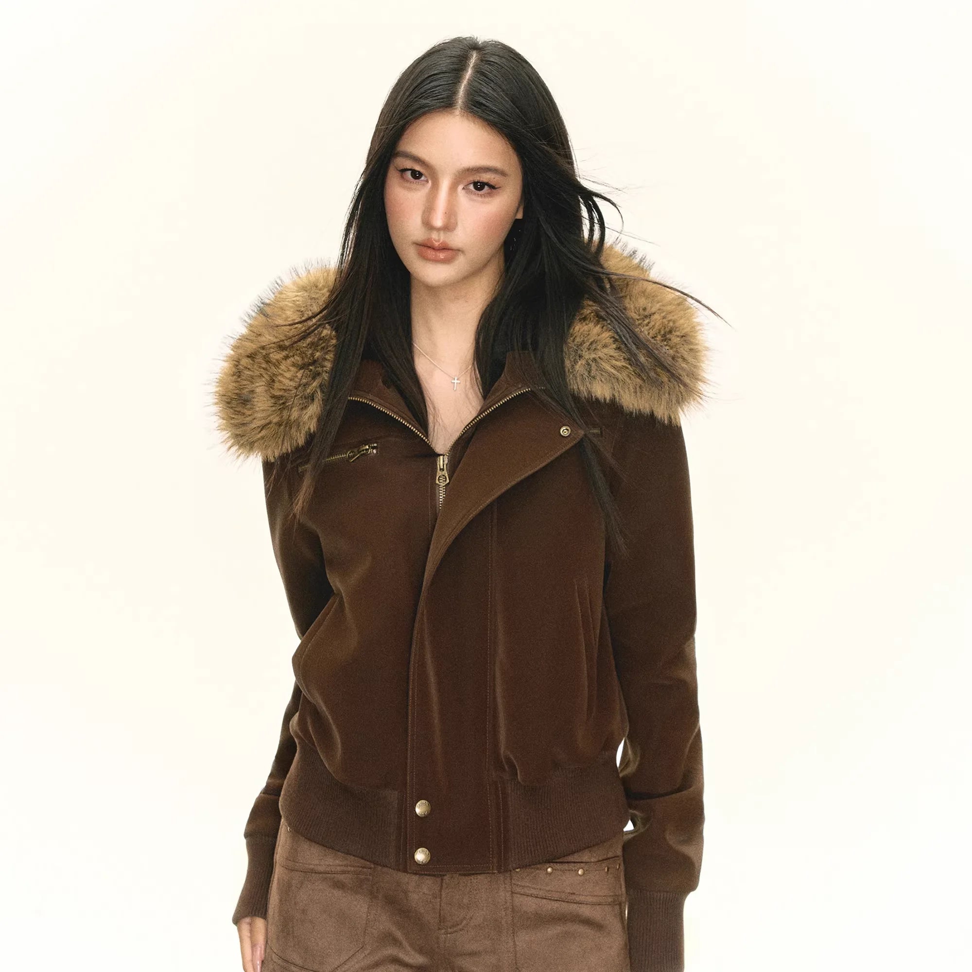 ARISEISM Detachable Faux Fur Collar PU Padded Short Jacket for Women