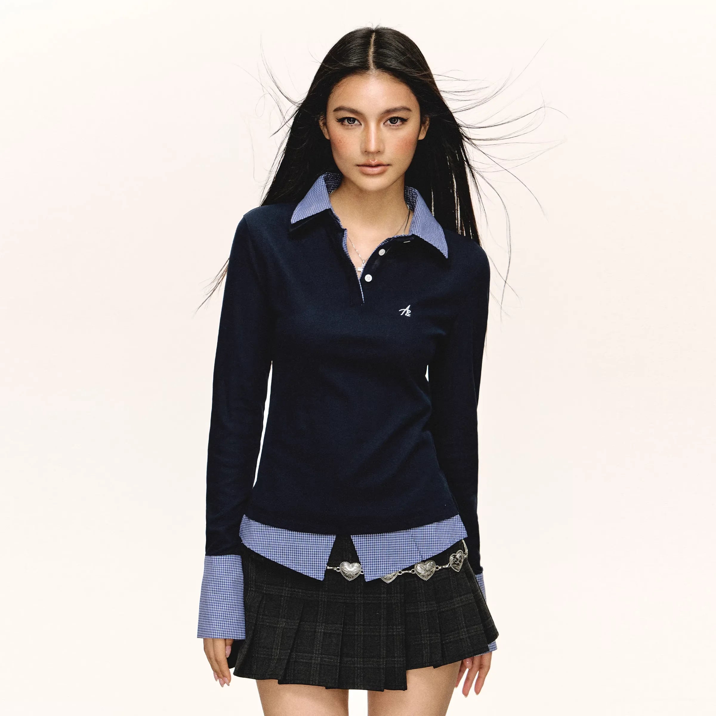 ARISEISM Women's Fake Two-Piece Long Sleeve Polo Shirt