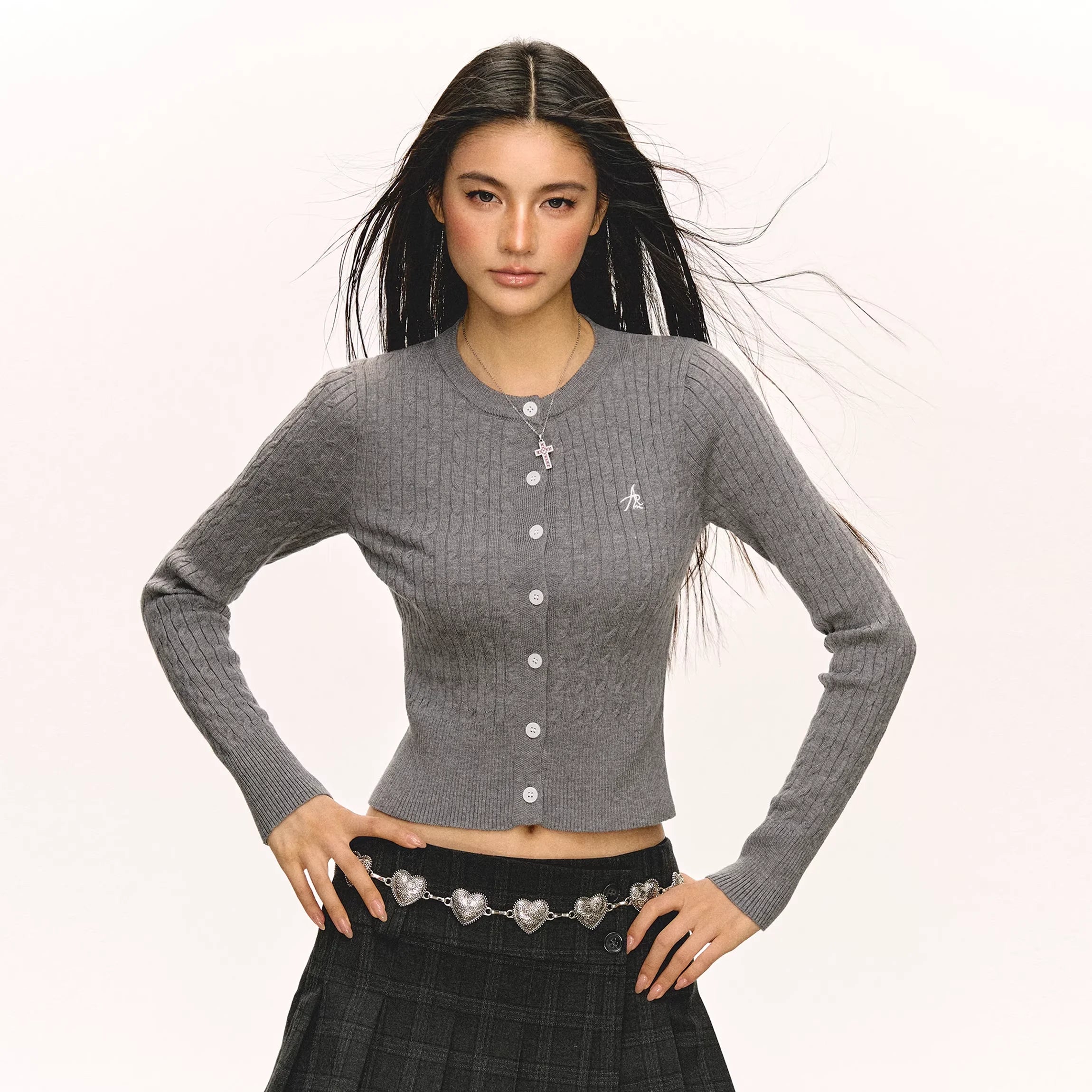 ARISEISM Women's Red Slim Fit Ribbed Knit Cardigan with Button Front