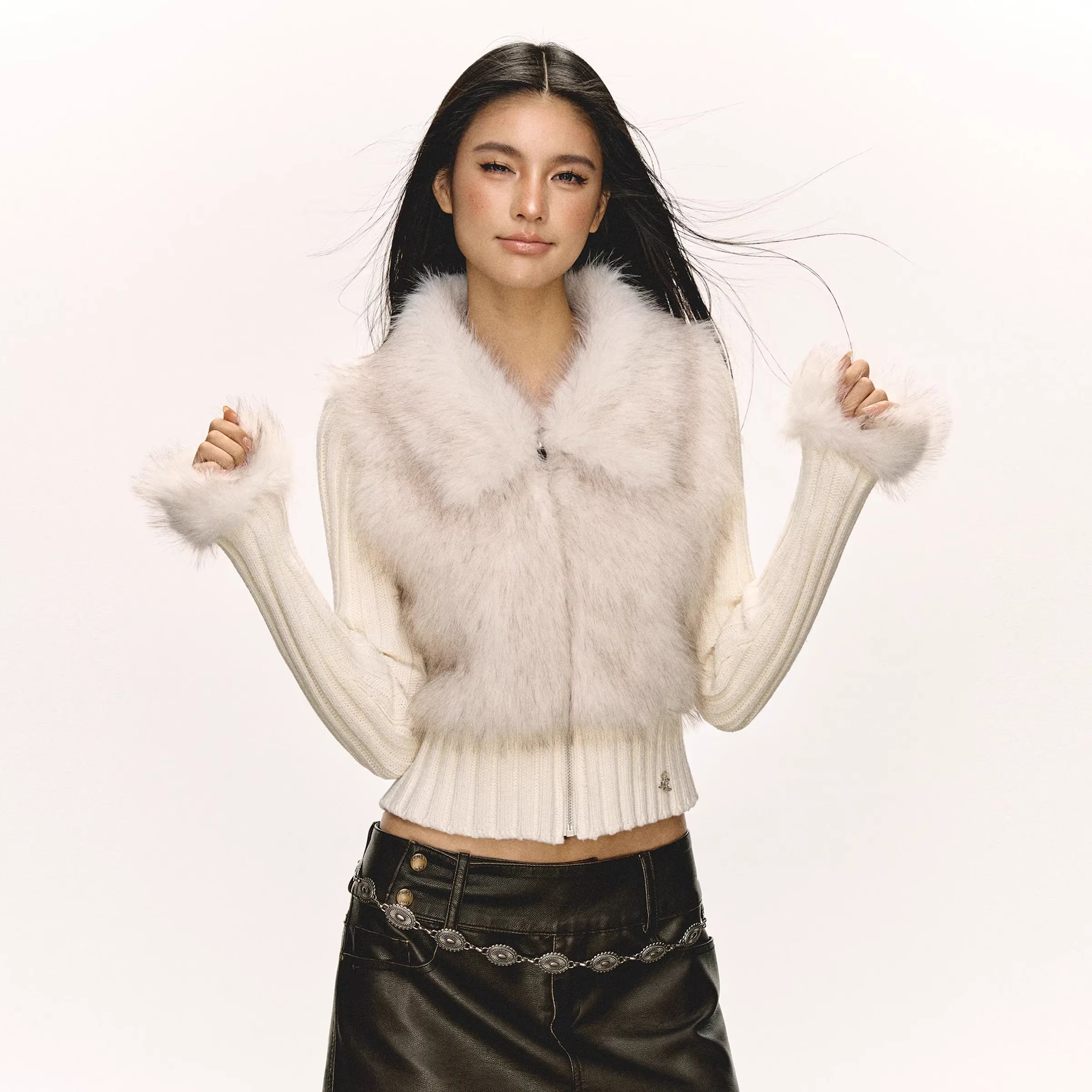 ARISEISM Women's Patchwork Fuzzy Knit Cardigan with Fur Trim - Autumn Winter Slim Fit