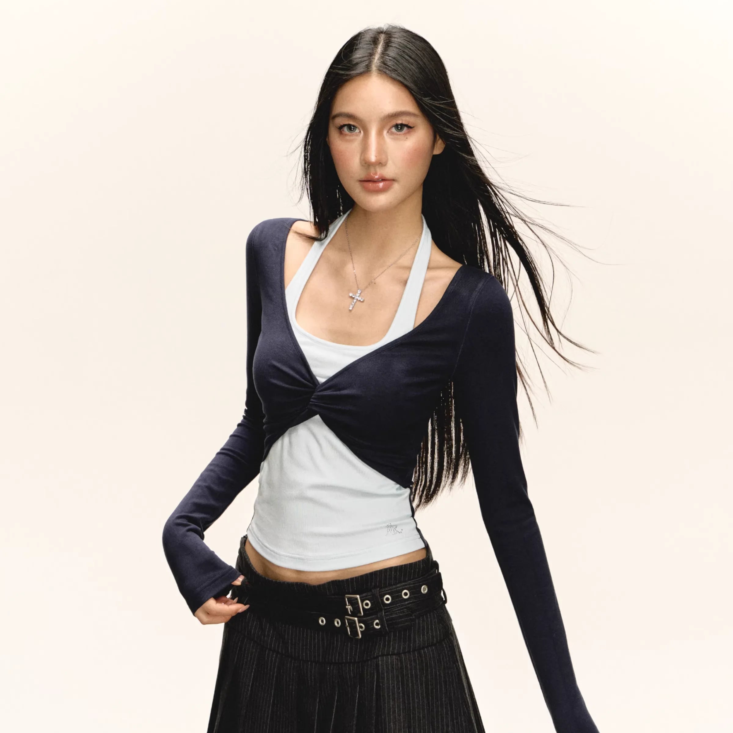 ARISEISM Women's Faux Two-Piece Long Sleeve Slim Fit T-Shirt