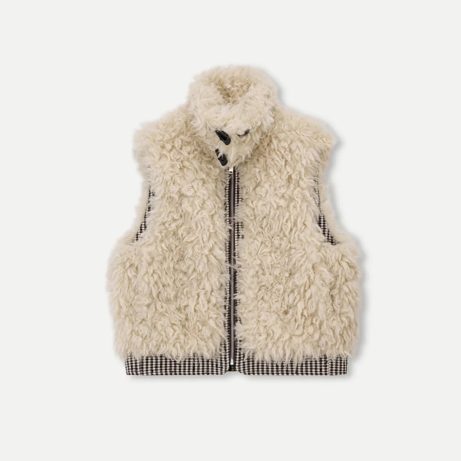 PUKI Reversible Sherpa Vest with Vintage Plaid High Collar