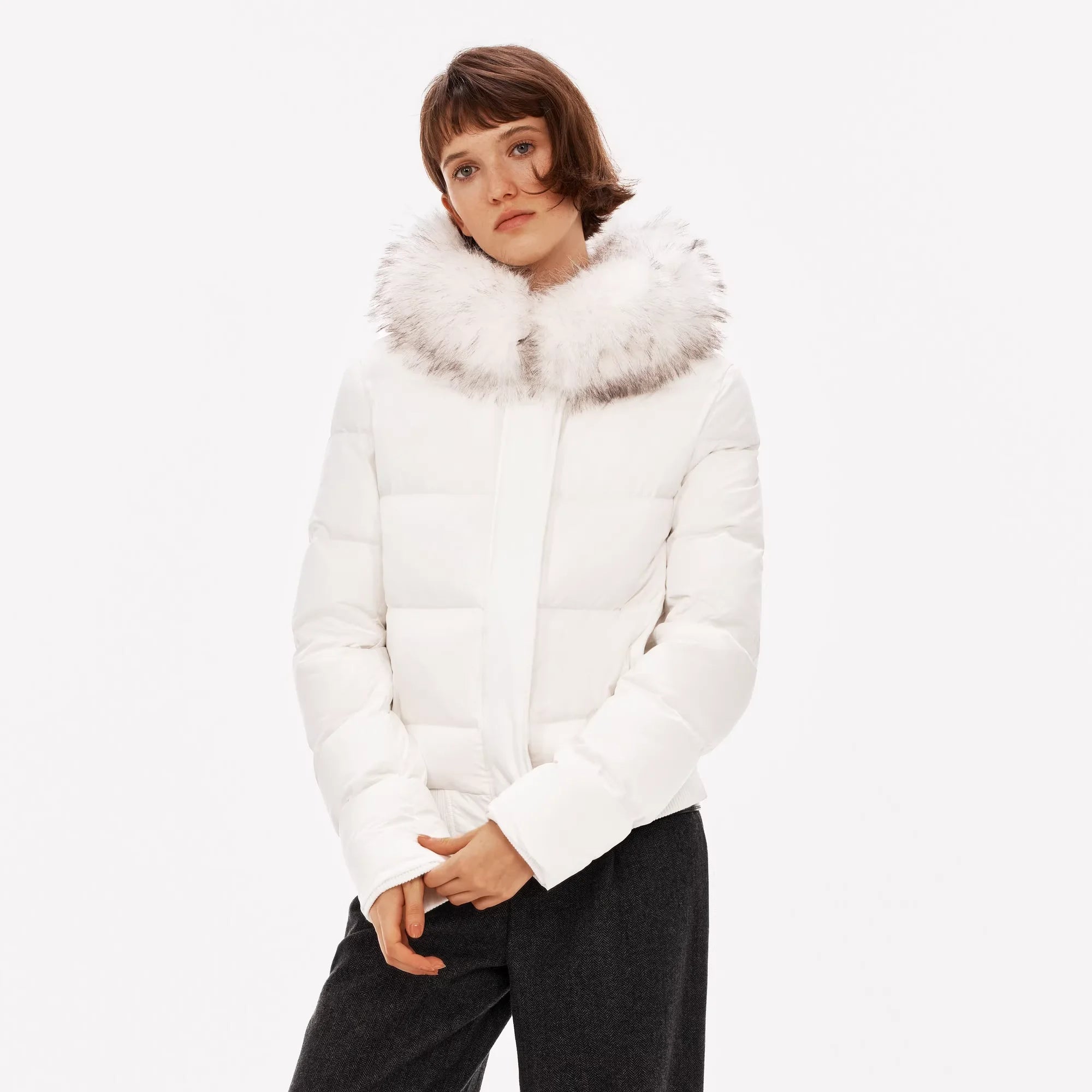 PUKI 90% White Duck Down Water-Resistant Fur Collar Puffer Coat