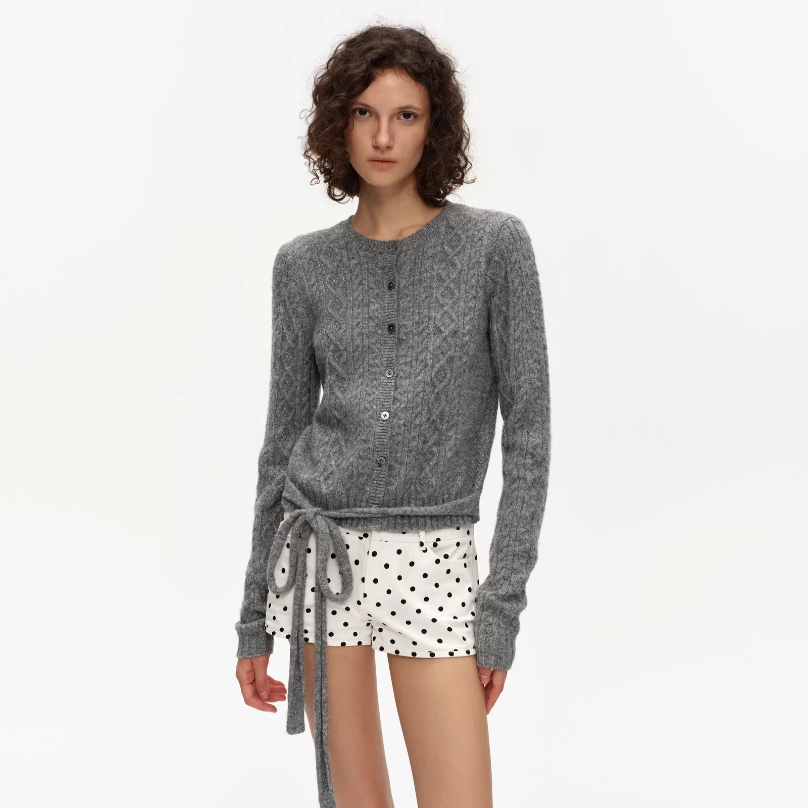 PUKI Cable Knit Belted Cardigan with Button Front