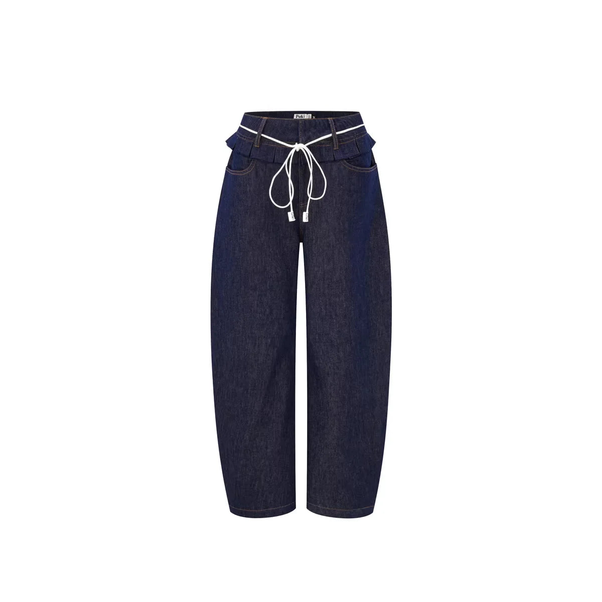 PUKI Women's Wide-Leg Jeans with Double Waistband and Drawstring Detail