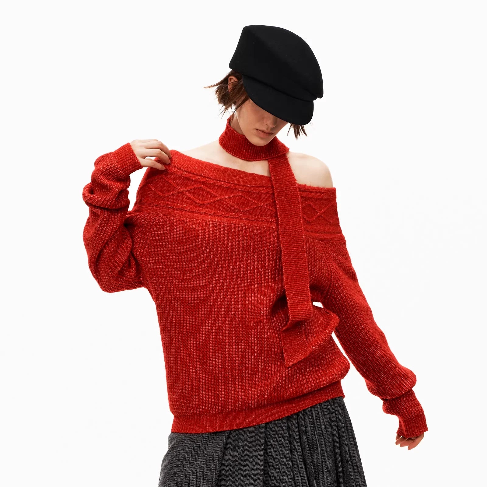 PUKI Red Cable Knit Off-Shoulder Sweater with Matching Scarf