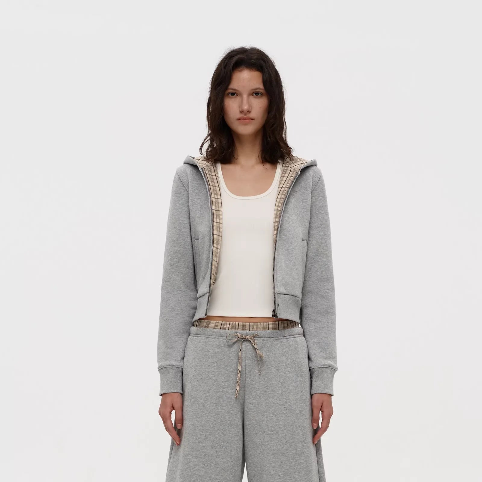 PUKI Plaid Patchwork Cropped Hoodie and Sweatpants Set