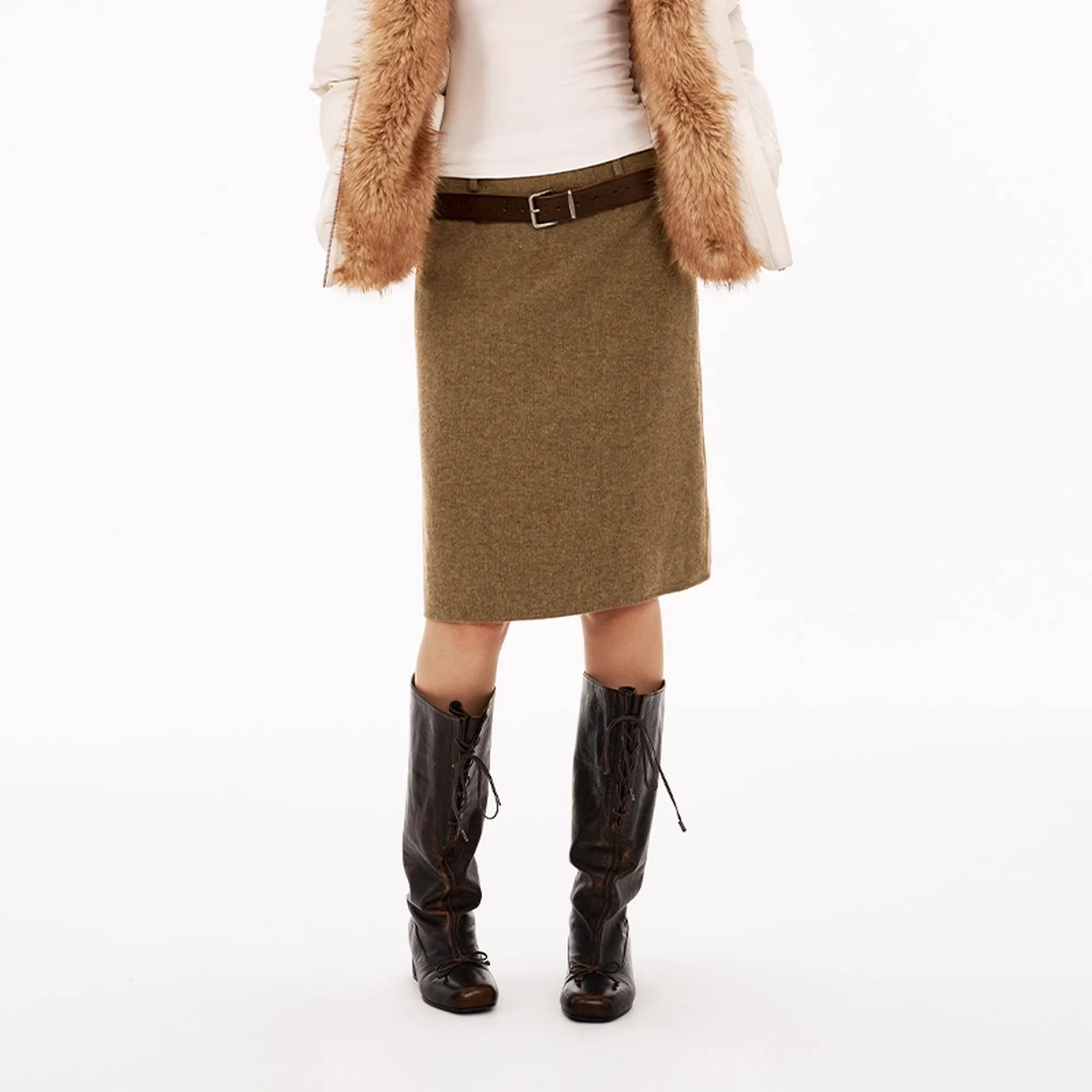 PUKI Reversible Wool-Blend A-Line Midi Skirt with Split Hem