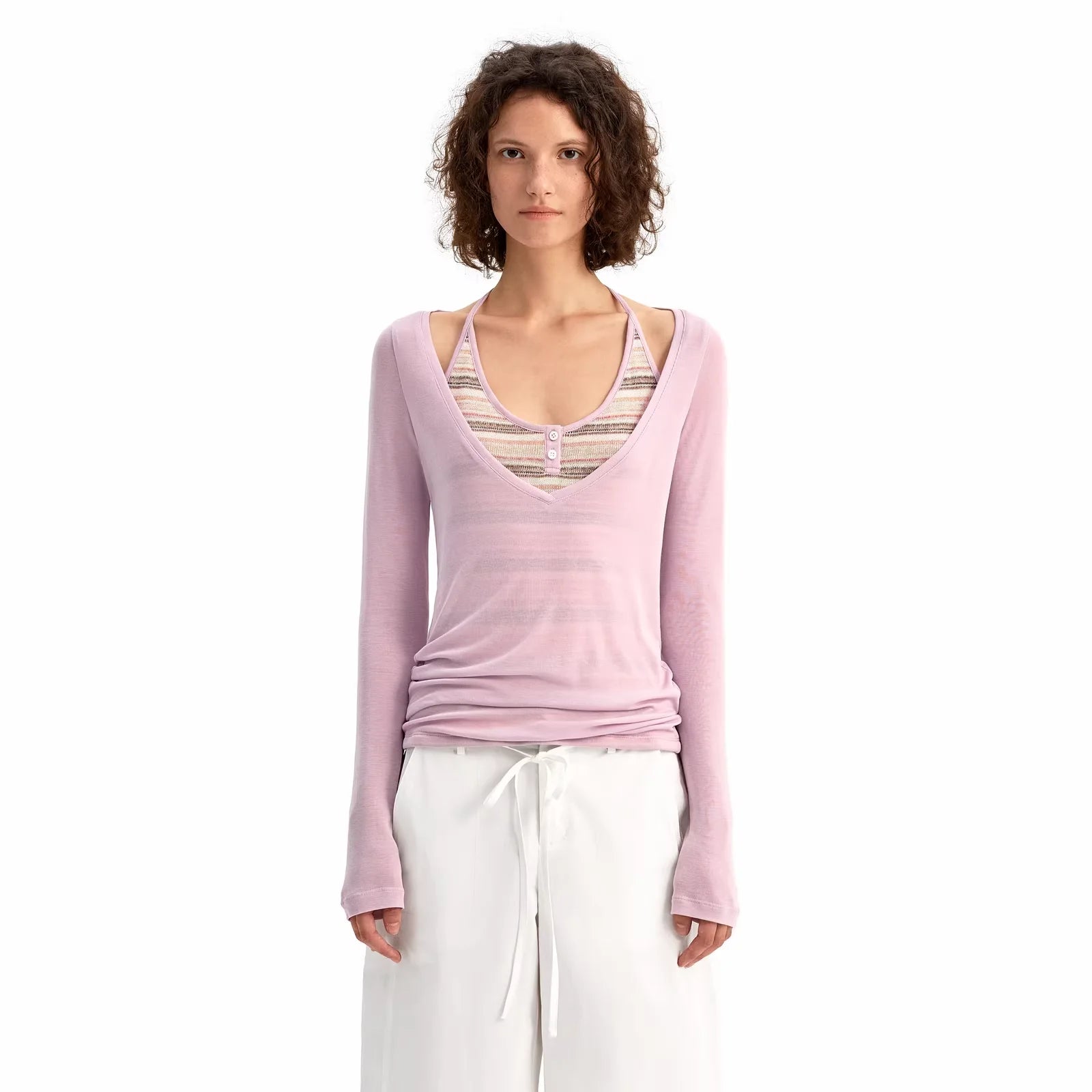 PUKI Two-in-One Striped Halter and Sheer Long Sleeve Top