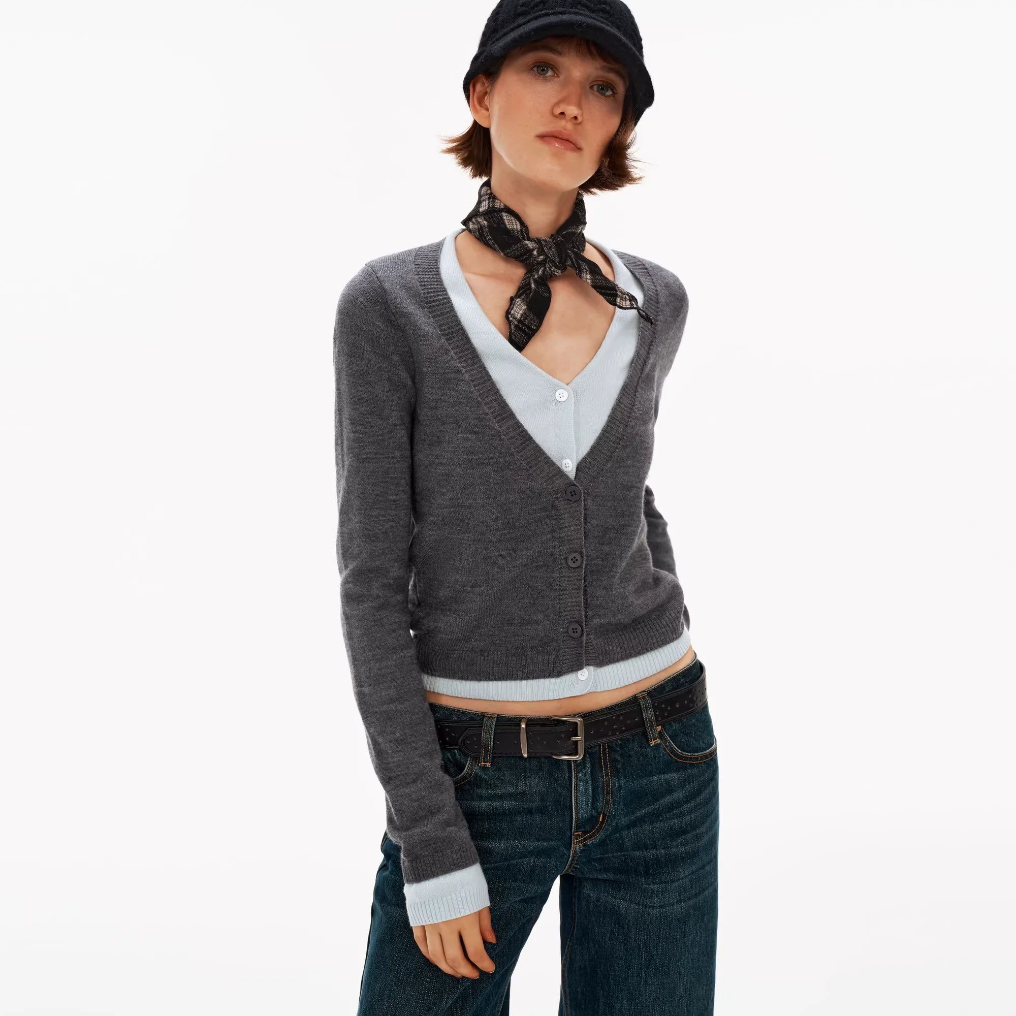 PUKI Layered V-Neck Wool Cardigan with Slim Fit Top