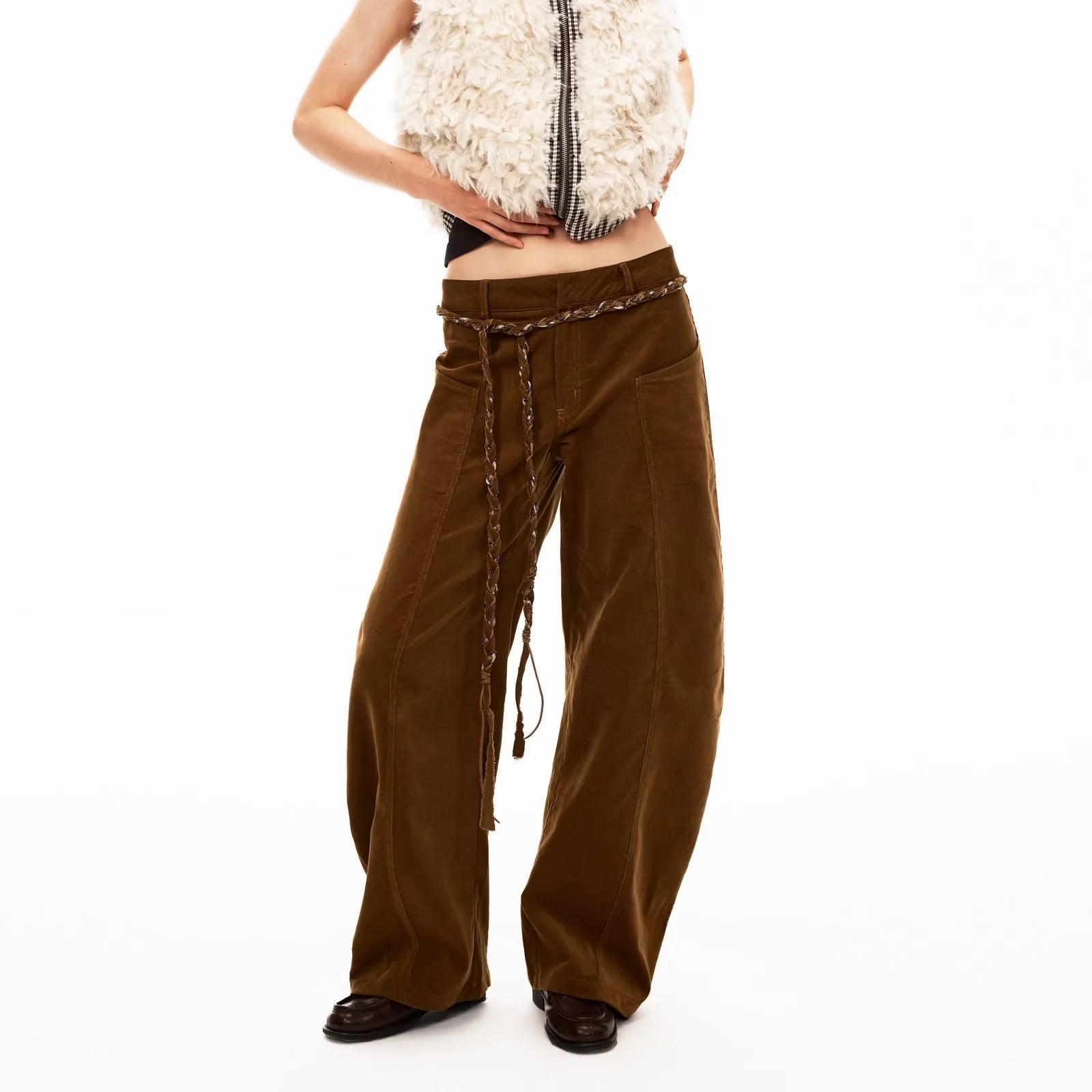 PUKI Vintage Corduroy Wide-Leg Pants with Braided Belt