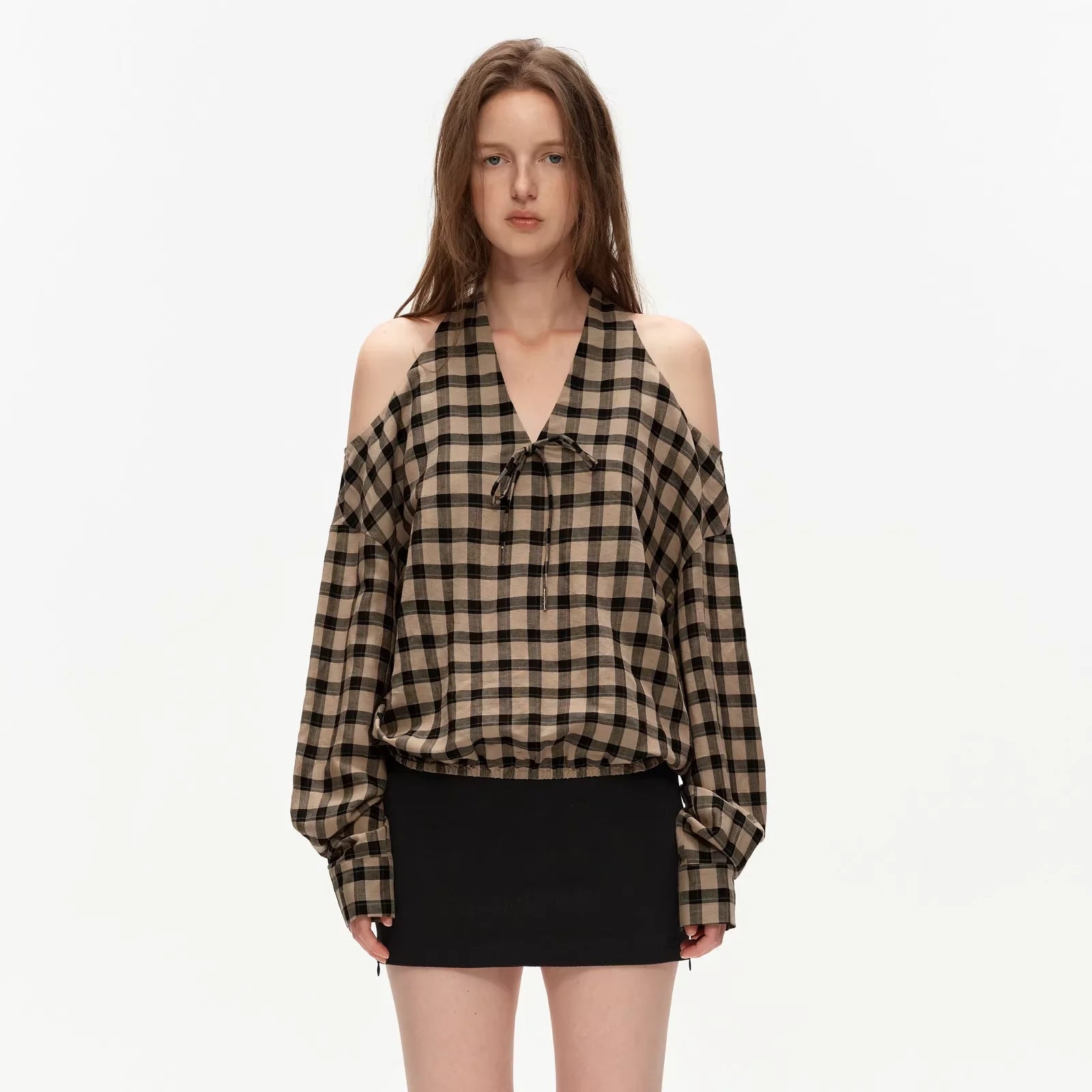 PUKI Plaid Off-Shoulder V-Neck Long Sleeve Top