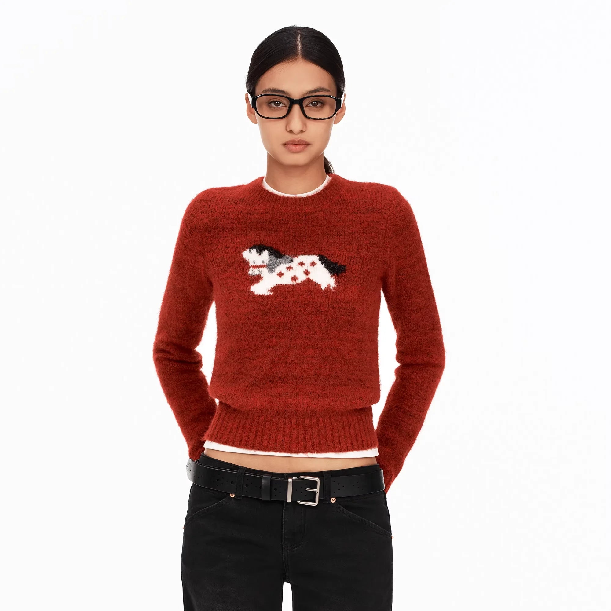 PUKI Embroidered Wool Sweater with Dog Motif and Crew Neck