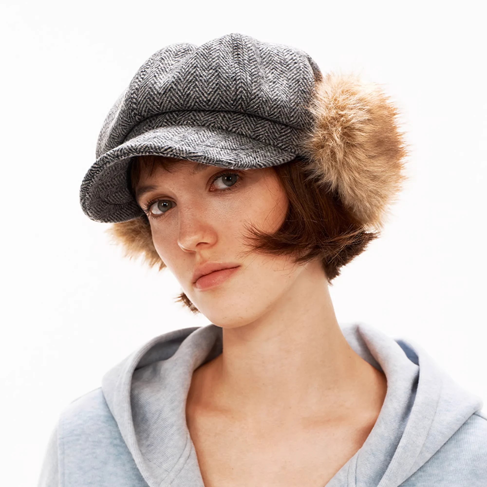 PUKI Wool Herringbone Earflap Newsboy Cap