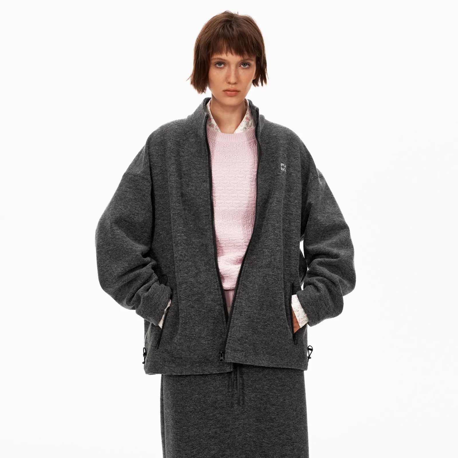 PUKI Women's Fleece Zip Hoodie and Midi Skirt Set