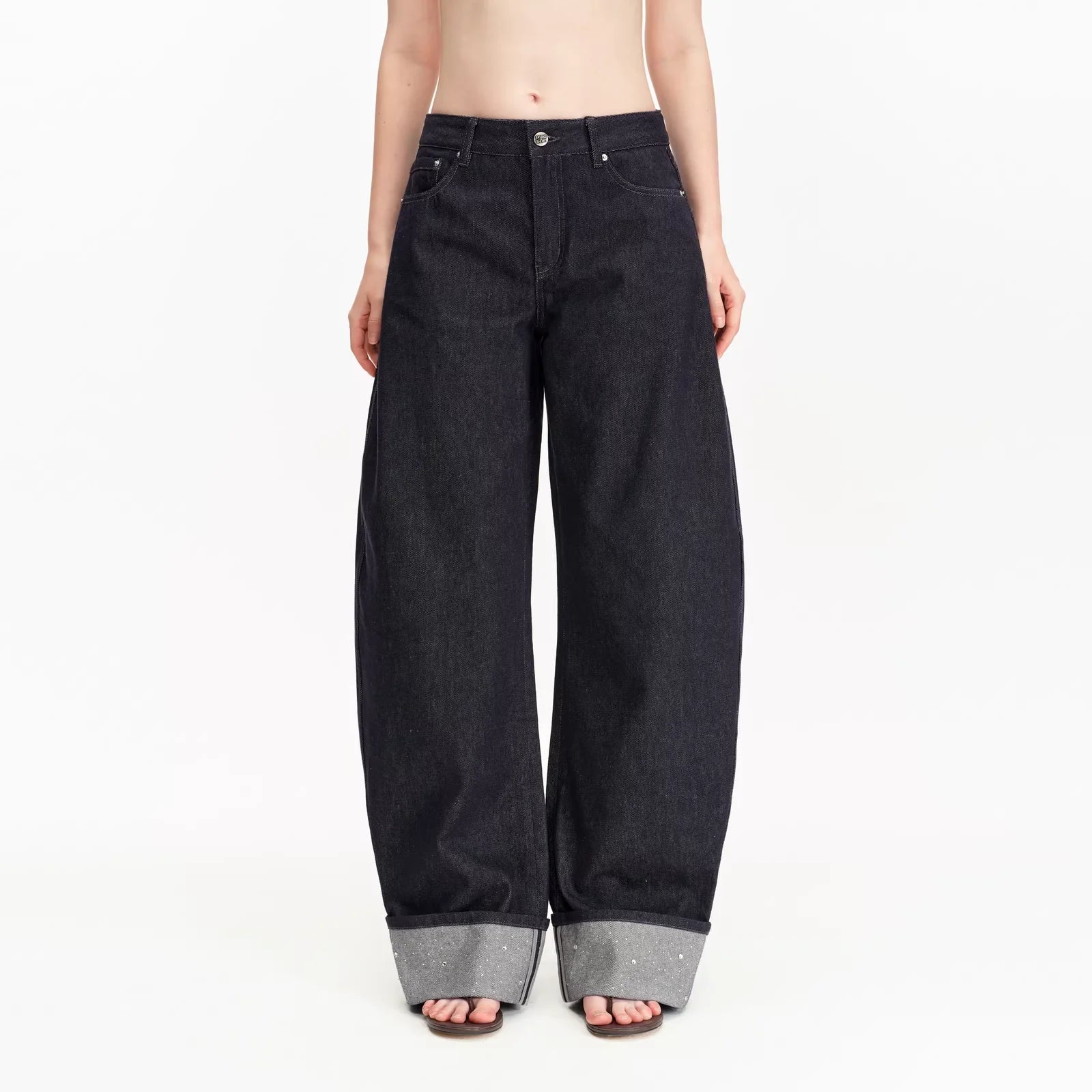 PUKI Women's Rolled Hem Rhinestone Wide-Leg Denim Jeans