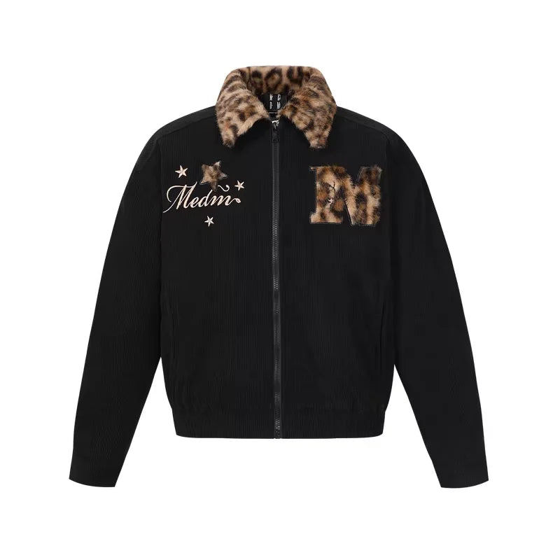 MEDM Leopard Print Corduroy Cotton-Padded Jacket with Faux Fur Collar