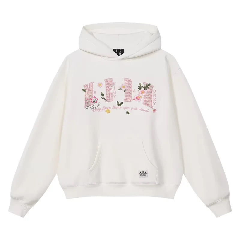 MEDM Floral Embroidered Loose Fit Hoodie with Kangaroo Pocket