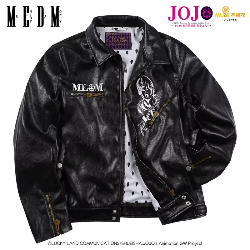 MEDM Sketch Print Faux Leather Jacket with Lapel