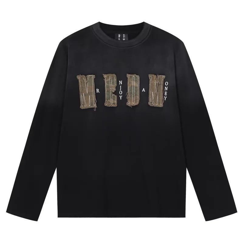 MEDM Contrast Collar Appliqué Long Sleeve Crewneck T-Shirt