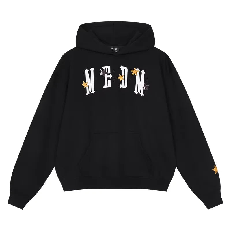 MEDM Fleece Lined Star Letter Patch Hoodie for Fall and Winter - Men's Casual Heavyweight Sweatshirt