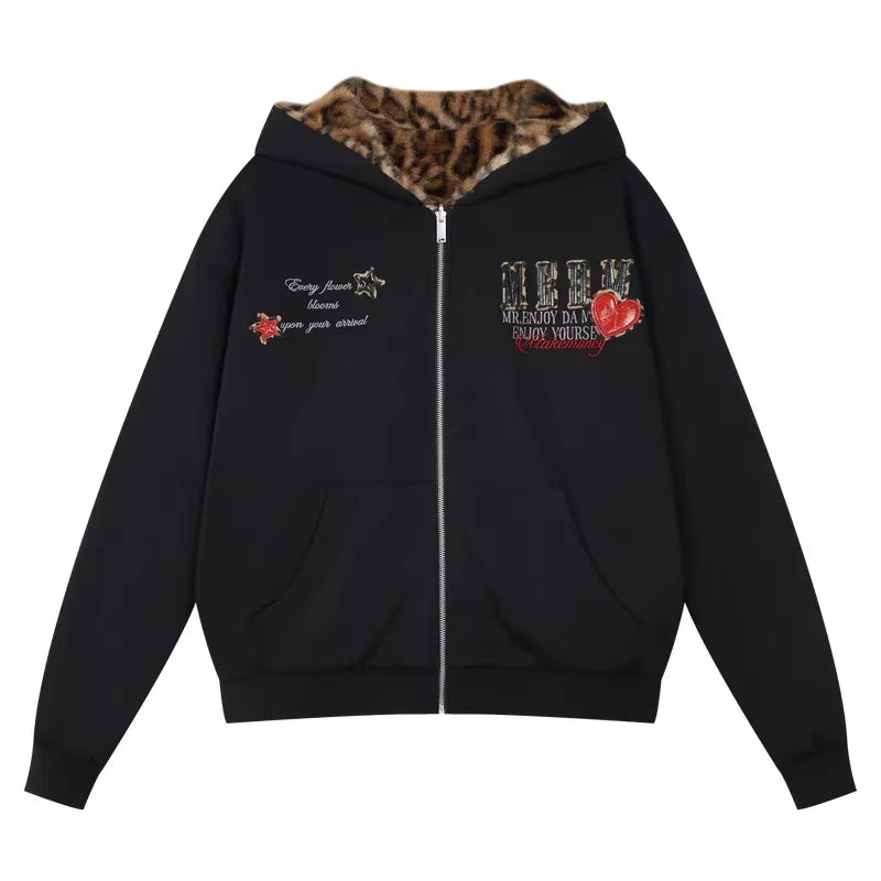 MEDM Reversible Leopard Print Heart Embroidered Cotton Hoodie Jacket