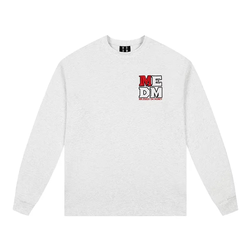 MEDM Unisex Long Sleeve Crew Neck T-Shirt with Embroidered Lettering