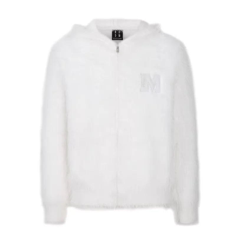 MEDM Faux Fur Zip-Up Hoodie with Letter Patch