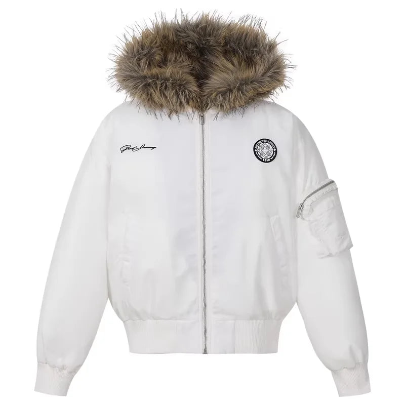 MEDM Men's Faux Fur Hooded Puffer Jacket with Silicone Patch