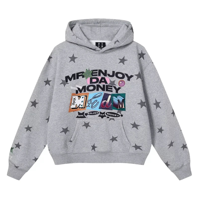 MEDM Fleece-Lined Star Print Graphic Hoodie with Embroidery