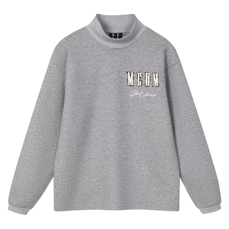 MEDM Unisex Stand Collar Faux Leather Patch Sweatshirt