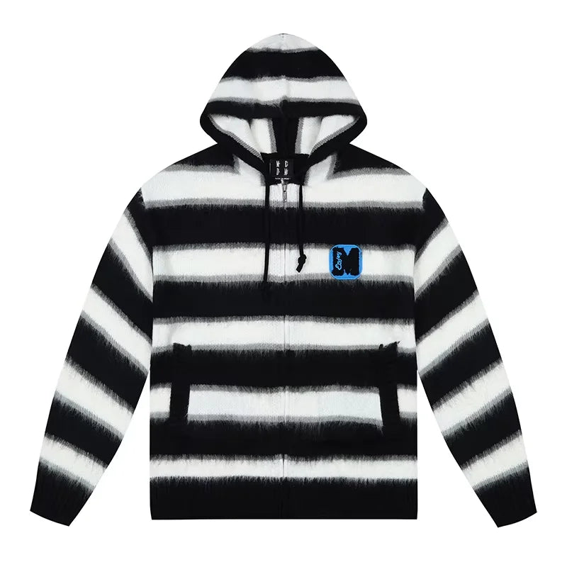 MEDM Unisex Tricolor Striped Fuzzy Knit Zip-Up Hoodie