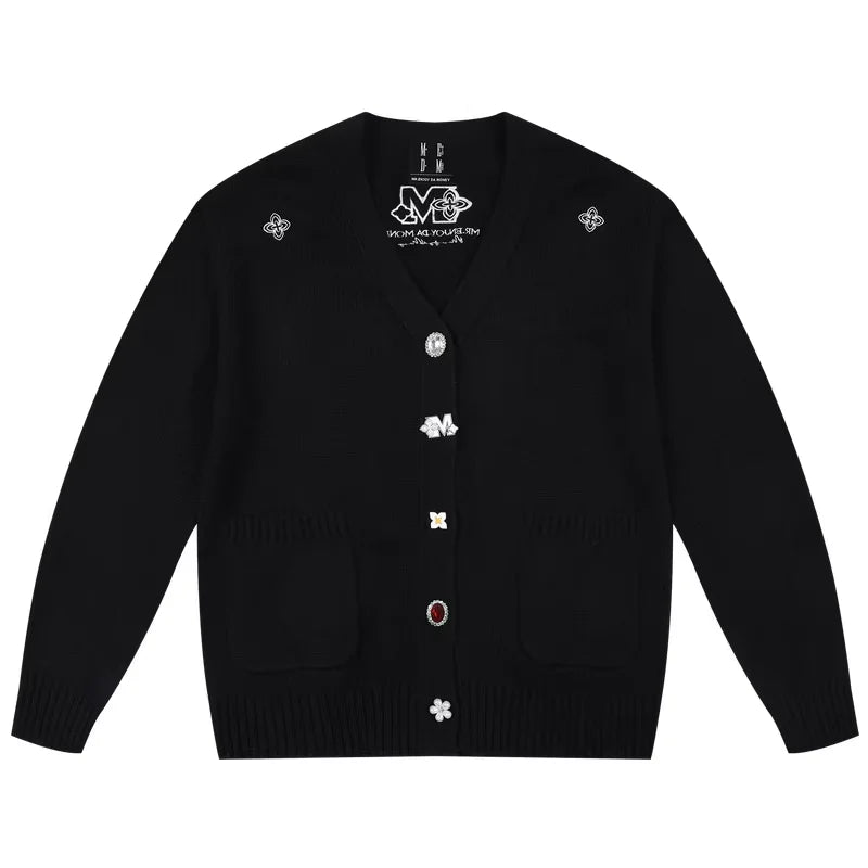 MEDM Unisex Loose Fit V-Neck Knit Cardigan Sweater with Decorative Buttons