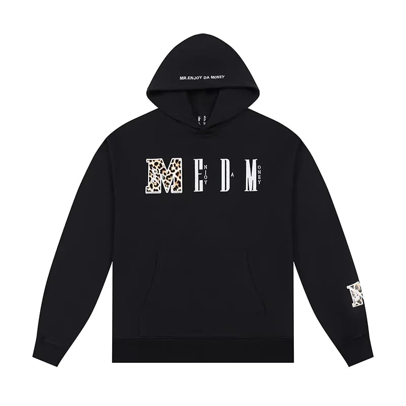 MEDM Men's Leopard Print Logo Velcro Hoodie - Loose Fit Casual Pullover