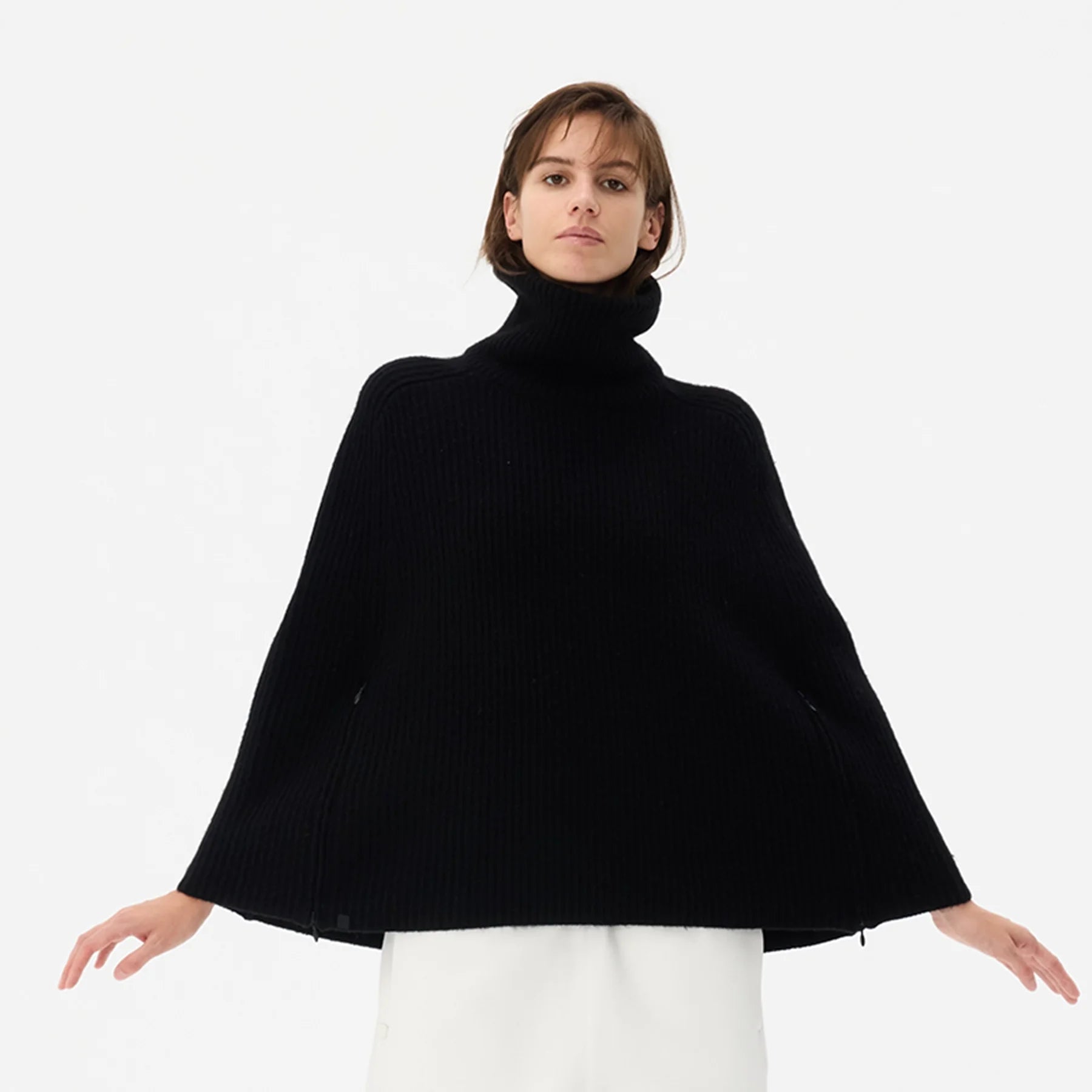 Fax Copy Express Double Zipper High-Neck Knit Poncho Sweater