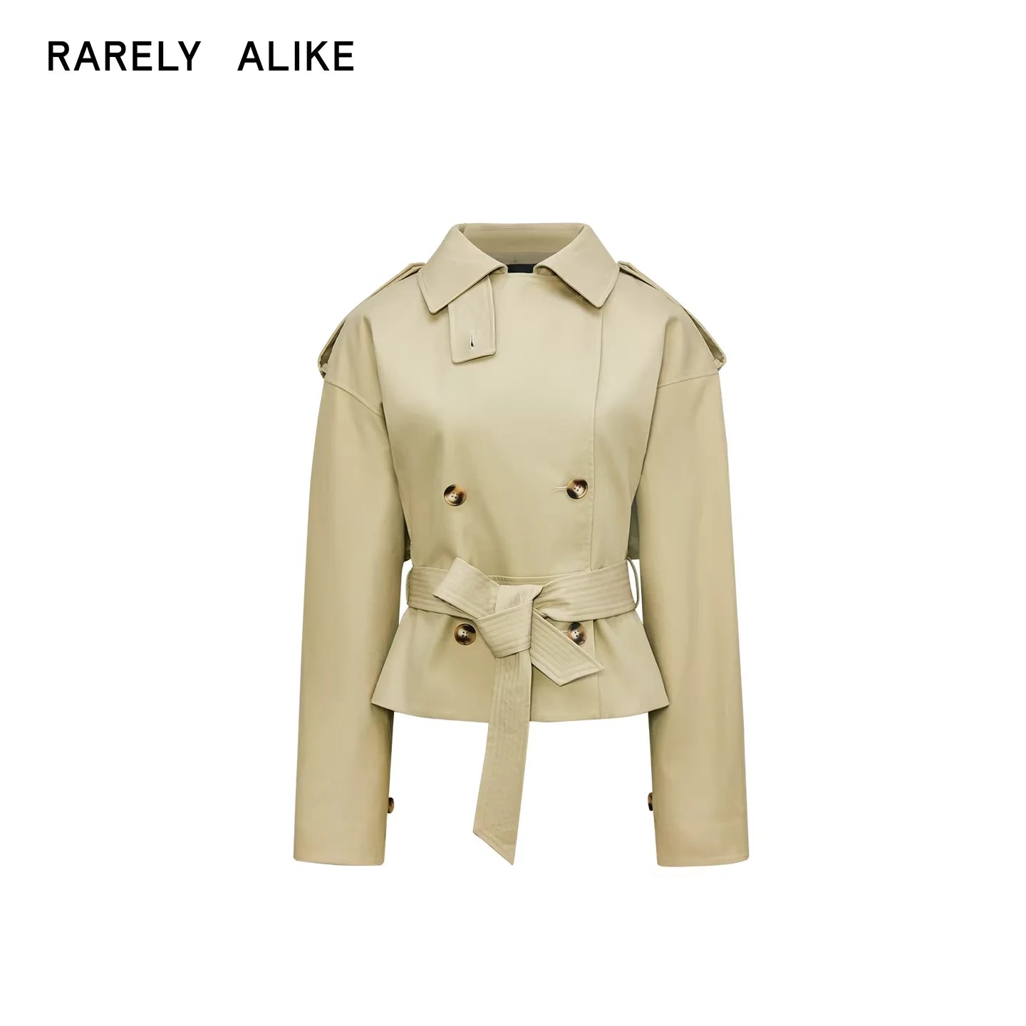 RARELY ALIKE Double-Breasted Cropped Trench Jacket - Light Khaki & Navy Blue