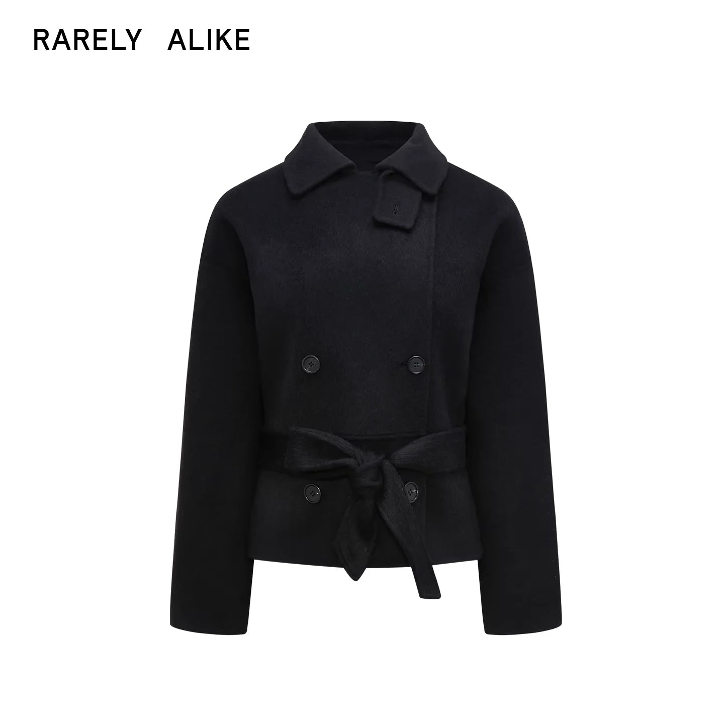 RARELY ALIKE Double-Breasted Wool Blend Belted Coat - Black and Grey