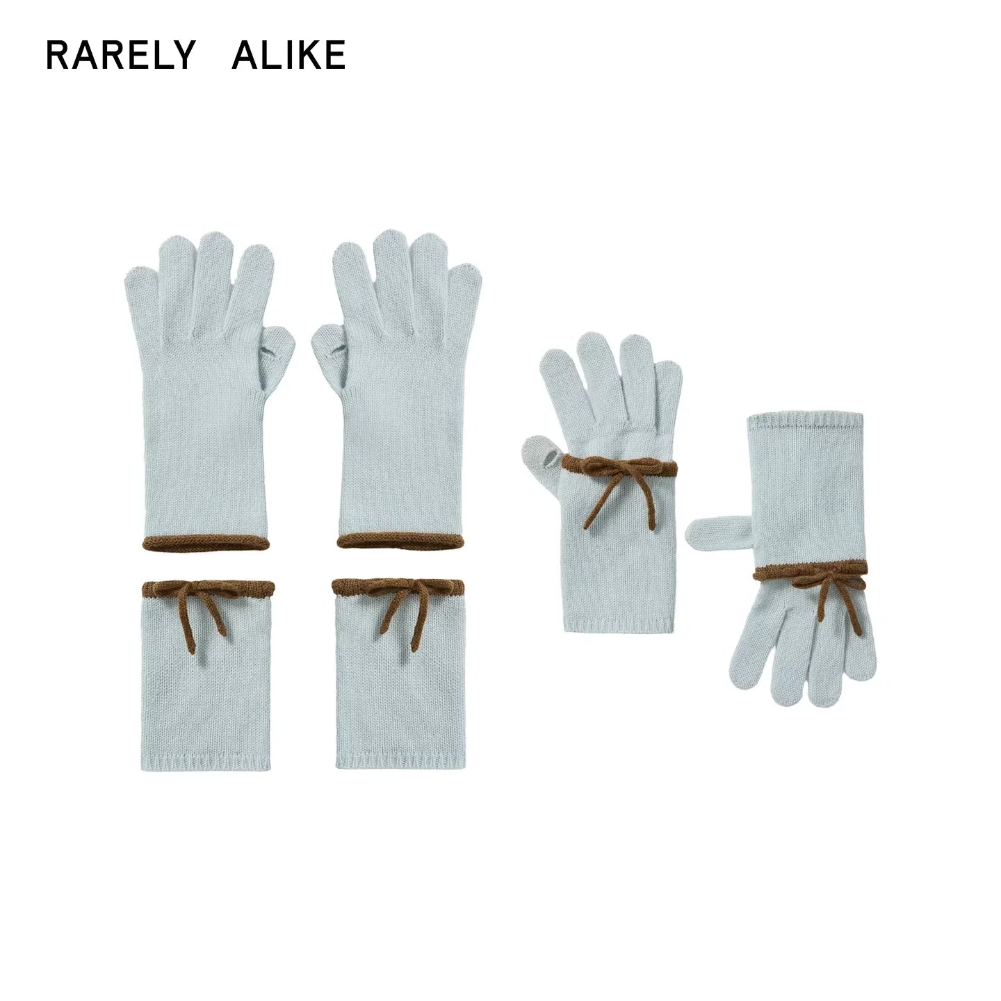 RARELY ALIKE 2-in-1 Bow-Knit Cashmere Wool Gloves - Black/White & Light Blue/Brown