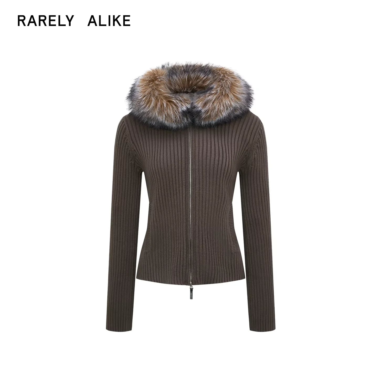 RARELY ALIKE Fur-Collar Hooded Knit Jacket with Zipper - Army Green